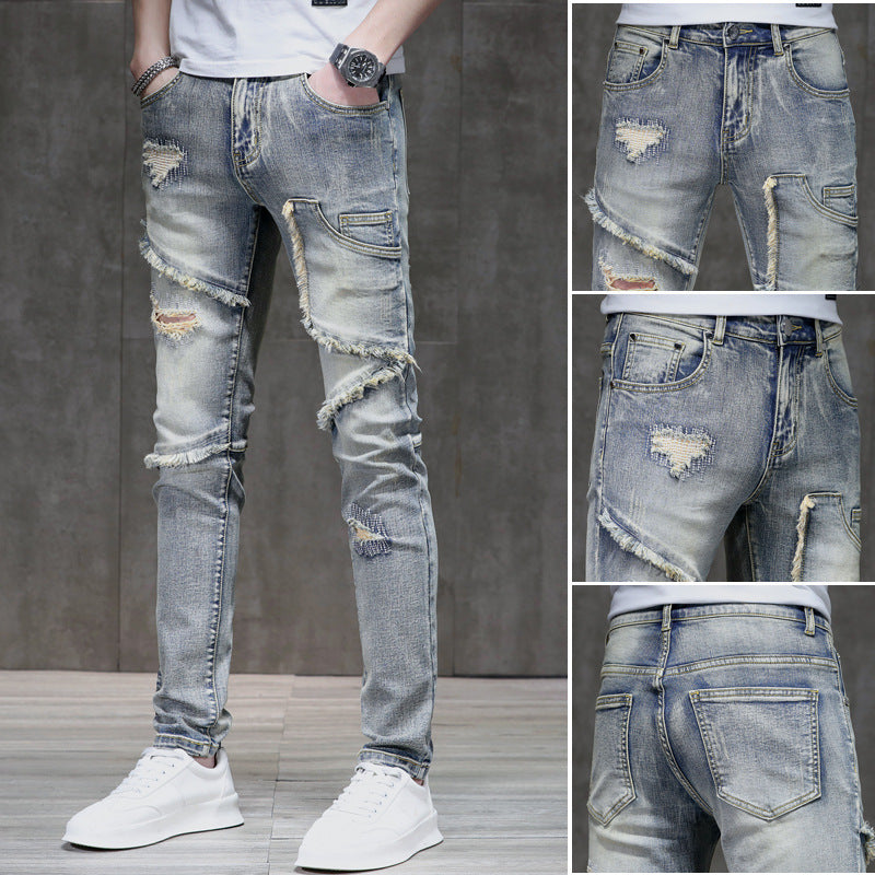 Distressed Raw Hem Ripped Stitching Stretch Denim Trousers