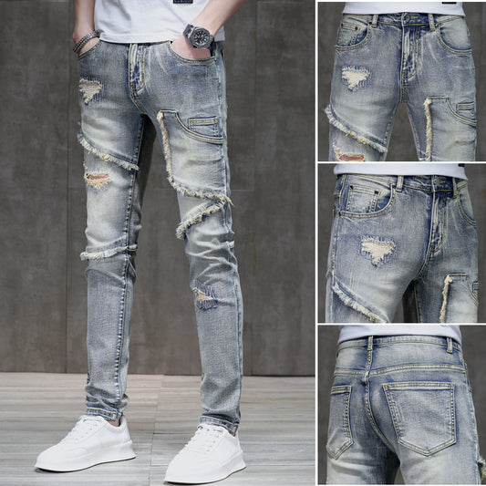 Distressed Raw Hem Ripped Stitching Stretch Denim Trousers