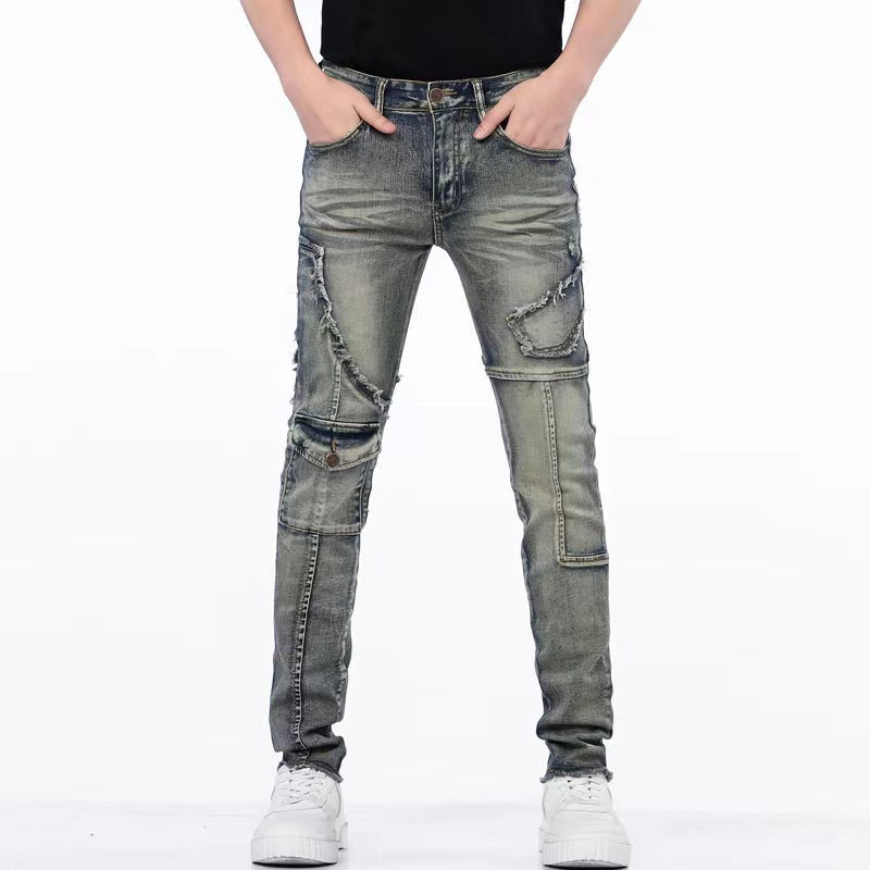 Distressed Raw Hem Ripped Stitching Stretch Denim Trousers